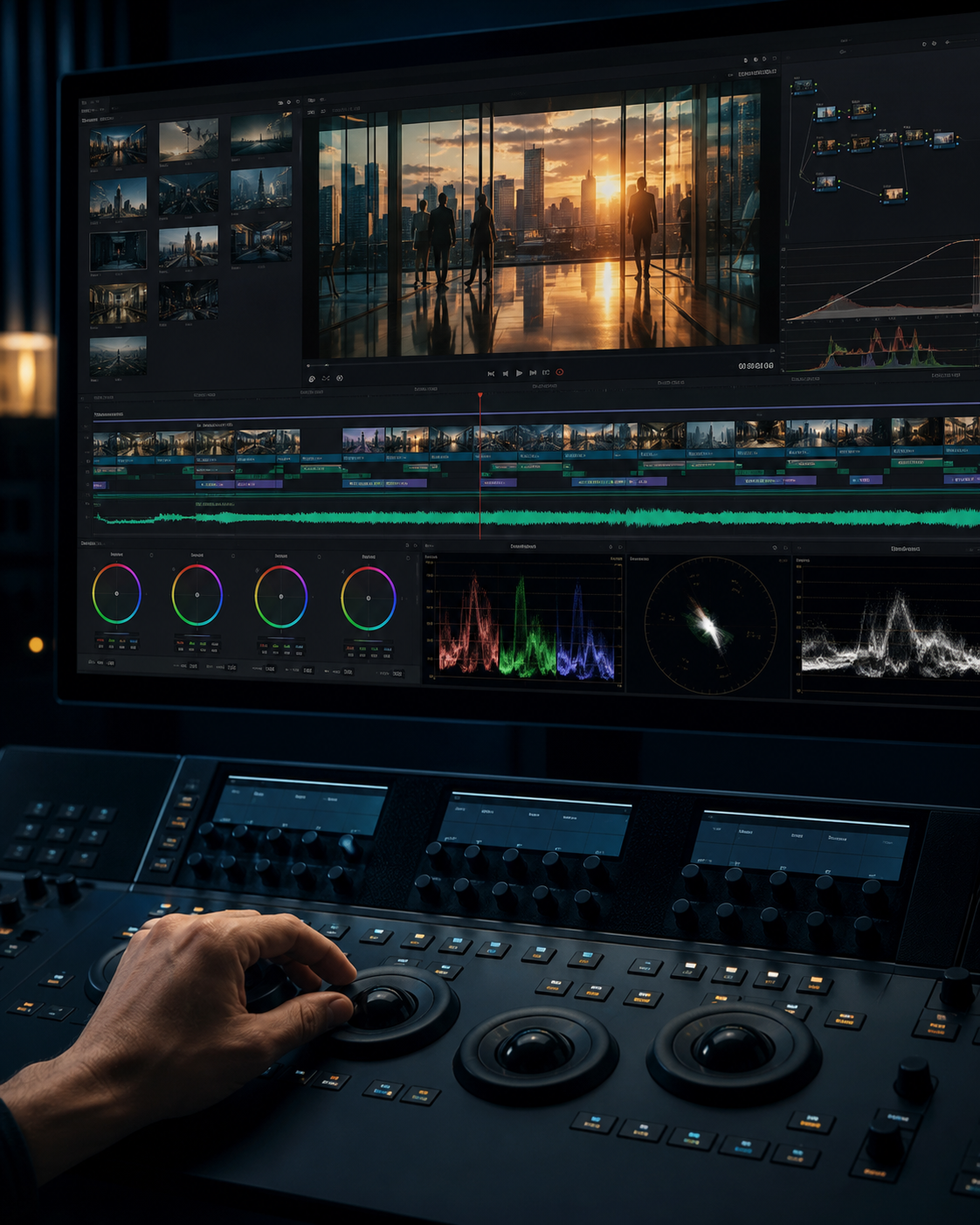 Professionelle Video-Postproduktion mit Schnitt-Timeline und Color-Grading